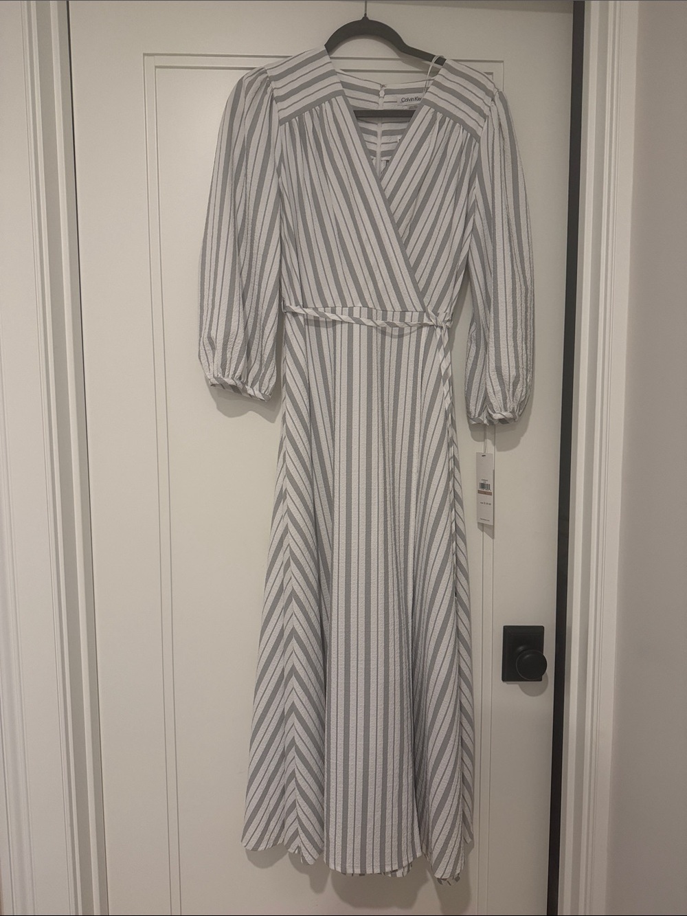 Calvin Klein White and Gray Striped Long-Sleeve Wrap Midi Dress